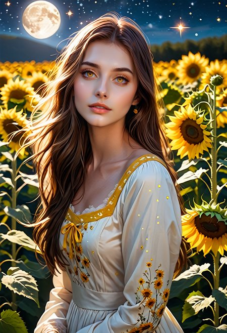 score_9, score_8_up, score_7_up, score_6_up, score_5_up, score_4_up, 1girl, brown hair, long straight hair, brown eyes, moonlight, dress made of yellow sunflowers, surrounded by stardust, magical atmosphere, <lora:g4n1m3XLP:1> g4n1m3, She is in a magical garden with yellow sunflowers, her dress is blowing magically in the wind, <lora:SnowFoxeij-000006:0.5>