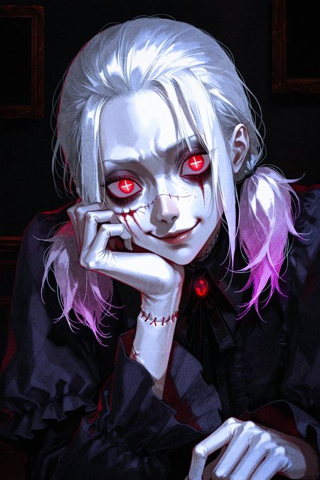 by mzet, by m omoo,  ultra-detailed shot by 96yottea \(style\), (brutal, cruel,:1.2),
very awa, masterpiece, highres, absurdres, newest, year 2024, year 2023, (nose, lips:1.3), 
dark gothic 1girl, solo, red eyes, low twintails, medium hair, (+_+:1.3), symbol-shaped pupils, hair slicked back,  white hair, zombie girl, head rest, facing viewer, staring,  looking at viewer, cheek press,  wry smirk, 
leaning forward, close-up face, 
indoors, dark background,
 illustration, ultra-detailed textures, 
<lora:96YOTTEA-WAI:0.4> , <lora:lora:0.5>,