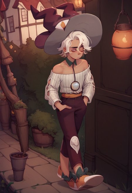 Score_10, Score_9, Score_8_up, Score_7_up, Score_6_up, 
qu1nn, white hair, dark skin, dark-skinned male, heterochromia, red eyes, yellow eyes, bare shoulder, off-shoulder shirt,  short hair, collarbone, witch hat, pants, shirt, sweater, shoes, belt, longue sleeves, detached collar, striped shirt,
walking, village, (hand in pockets:1.5), tired eyes, pouting, bored,