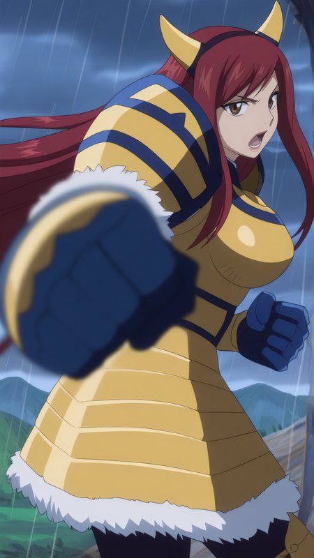 masterpiece, best quality, very aesthetic, absurdres, BREAK, 1girl, looking at viewer, cowboy shot, 
<lora:Giant_Erza_Illu_Dwnsty:0.8>, erz_giant, brown eyes, red hair, long hair, hairband, fake horns, armored dress, gold armor, black gloves, fur trim, gauntlets, pauldrons, breastplate, shoulder armor, 
large breasts, lips, serious, fighting stance, leaning forward, angry, incoming attack, incoming punch, clenched fist, motion lines, open mouth, 
outdoors, cloudy sky, rain, scenery, landscape, mountain, cliff, dynamic pose,