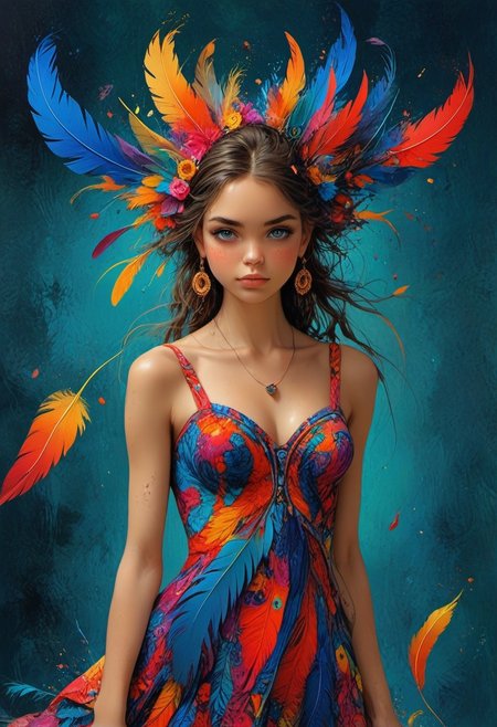 The composition includes This aspect that predominates in the work gives the idea of ​​something casual, without necessarily having a purpose, carnivlal video frames, female, red short dress and colored feathers, long brown hair with glitter, light brown tanned skin,  fashion photography painting, in the style of teal and gold. in the background, tintricate stunning highly detailed, abstract, trippy, brazilian 60s style, op art, dark blues and blacks, patterns, hypnotic, art by careening into peace.