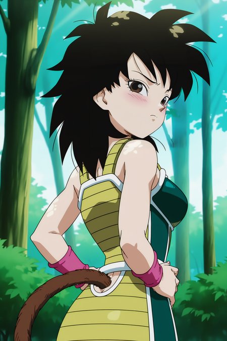 anime screencap, absurdres, high quality,
gine, 1girl, solo, looking at viewer, blush, day, black hair, brown eyes, looking back, from behind, black eyes, hand on hip, frown, pink wristband, nature, monkey tail, saiyan armor, hand on shoulder, medium hair, green saiyan armor, eyelashes, eyebrows, butt crack, bare shoulders, spiked hair, fingernails, white trim, outdoors, dappled sunlight, 
 <lora:Gine_IL:0.8>