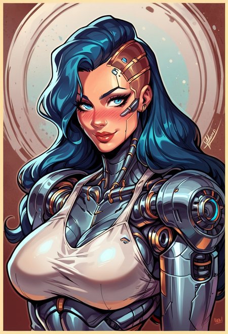 score_9, score_8_up, score_7_up, high quality, black and white with bright blue eyes, grayscale image, greyscale image,  1 women,  ((cyborg clothing, in machine creation chamber)),   flushed red cheeks, sexy,  geometric shapes in the background, cyborg women, large breasts,  long hair,   love, unique view,  love, happy,   , aesthetic, (Yellow border around image,:1.3)