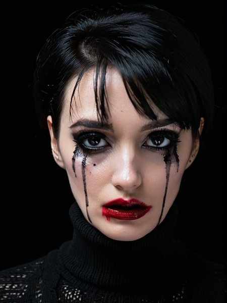 elegant goth woman in a turtleneck sweater with smearedmakeup, face, makeup, eyeshadow, lipstick, short black hair, black background, dark, looking at viewer, tears, background light,
 <lora:Smeared-Makeup-SDXL-000008:0.8>