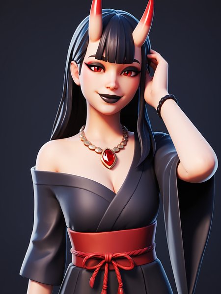 score_9, score_8_up, score_7_up, score_6_up, score_5_up, score_4_up,
BREAK
1girl, black hair, long hair, straight hair, blunt bangs, hime cut, gem necklace, red gem, red eyes, black eyeshadow, black lips, oni hornsm, adjusting hair, asymmetrical hair, seductive smile,
BREAK
solo, cowboy shot, black kimono, japanese clothes, off shoulder, medium breasts, cleavage,
BREAK
black background, 3d, <lora:Lunas-FortniteStyle-SDXL-A1:1>