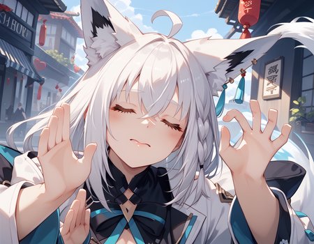 score_9, score_8_up, score_7_up, source_anime, <lora:add-detail-xl:1> Expressiveh, <lora:Expressive_H:1>
fubuki, white hair, single side braid, ahoge, piercing, fox tail
pachameme, hands up, ok sign, closed eyes, solo, 
<lora:enhancerV4-pony:1> <lora:Pony_DetailV2.0:1>   <lora:PachaMeme_pdxl_Incrs_v1:1>  <lora:shirakami_fubuki_sdxl_pony-4:1>