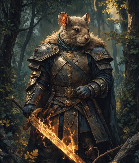 cinematic photo highly detailed portrait of a wise old mouse warrior (intricate armor:1.4) in a dark woolen cloak with a flaming sword covered in ornage flames, (fur:1.4),deep dark forest background, (shallow depth of field:1.4), foliage, global illumination, radiant light, detailed and intricate environment #cinematic, light shafts, dust motes  sparkles, (Extremely Detailed Oil Painting:1.2), glow effects, godrays, Hand drawn, render, 8k, octane render, cinema 4d, blender, dark, atmospheric 4k ultra detailed, cinematic sensual, Sharp focus, humorous illustration, big depth of field, Masterpiece, colors, 3d octane render, 4k, concept art, trending on artstation, hyperrealistic, Vivid colors, extremely detailed CG unity 8k wallpaper, trending on ArtStation, trending on CGSociety, Intricate, High Detail, dramatic . 35mm photograph, film, bokeh, professional, 4k, highly detailed