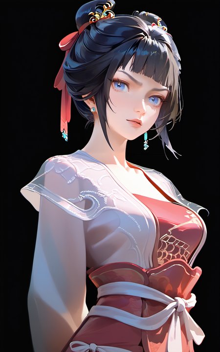 score_9,score_8_up,score_7_up,
<lora:zhiguiPony-000002:1>,
zhigui, 1girl, solo, black hair, hair bun, earrings, realistic, blue eyes, jewelry, chinese clothes, single hair bun, arms behind back, hair ornament, simple background, ribbon, long sleeves, bangs, lips, looking at viewer, blunt bangs, black background, hanfu, see-through<lora:v6:0.9>,