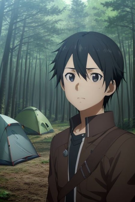 high resolution, solo, best quality, 1Boy, Kazuto Kirigaya, portraits, Black Hair, Black Eyes, forest, camping, OverallDetail