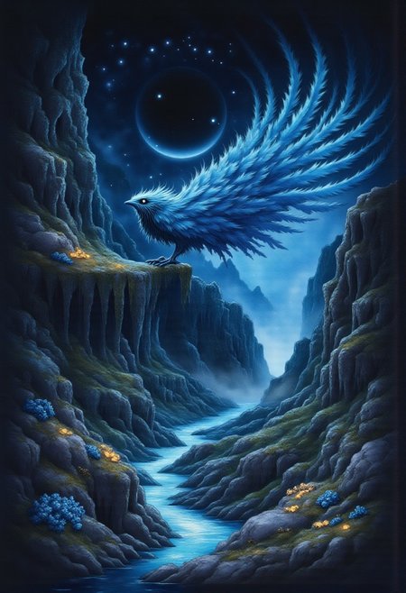 Studio Ghibli Dark Fairytale, smlstxtr, Black phoenix with fluorescent blue tones in the middle of the image, behind it a planet with a large ring and in the upper area shooting stars, a magical valley with dark tones illuminated by the light emitted by the phoenix, it has various plants which are luminescent, in the middle of the valley there is a river from which a little steam emanates. A sign that says Buzz = Happiness ♥