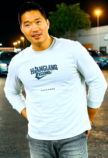 (((htkangface))), daddy,  natural face expression, (((detailed HtKangface))), fixed htKangface Photorealistic, realistic, masterpiece, intricate details, detailed background, depth of field, photo of a handsome, dynamic pose, natural face expression, (((looking at viewer))), high detail, high quality, male focus,  ((white shirt)), ((pants)), (( parking area background)), full body, ((night))