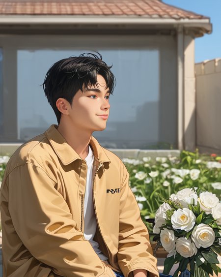 score_9, score_8_up, score_7_up, Korean, <lora:Expressive_H:1>, ((handsome young cute man:1.2, light skin)), ((21yo)),(focus male, solo:1.1), masterpiece, best quality,
The image features a young man sitting on the edge of a rock with a relaxed posture. He is dressed in a casual outfit that consists of beige trousers and a matching beige jacket. Underneath the jacket, a white t-shirt is visible. The man is holding a small bouquet of flowers, which he seems to be presenting or offering.
BREAK, He is smiling and looking directly towards the camera, conveying a sense of joy or anticipation. The man has short, dark hair and appears to be in his late teens or early twenties. The background of the image is out of focus but suggests an outdoor setting with architectural features like a building and a structure with a corrugated metal roof.
BREAK, The style of the image is candid and appears to be a lifestyle or fashion photograph, with shallow depth of field that keeps the person in sharp focus while the background fades into soft colors. The lighting is bright and even, suggesting a sunny day. There are no texts visible in the image.
 <lora:tae_dong-000018:1>, tae_dong