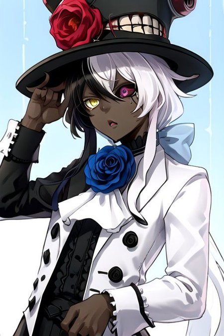 shiromi, hat, dark skin, yellow eyes, heterochromia, white hair, flower, long hair, blue flower, multicolored hair, black hair, top hat, blue rose, rose, 1boy, black headwear, dark-skinned male, formal, purple eyes, black sclera, cracked face, colored sclera