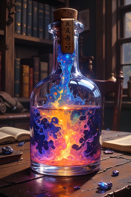 A delicate glass bottle, seemingly made of liquid crystal, sits atop an aged wooden table, its contents swirling with an iridescent, prismatic liquid. The fluid inside moves like living silk, changing colors with each slow, undulating motionâfirst deep sapphire, then molten gold, then a luminous pink that glows like a sunset trapped in a bottle. Tiny flecks of stardust float within, shifting in mesmerizing patterns as though dancing to an unheard rhythm. The wax seal on the bottleâs neck is carved with arcane symbols, glowing faintly as if infused with magic. A single droplet clings to the lip, reflecting the entire spectrum of colors in miniature before falling onto the table, where it evaporates instantly in a flash of violet light. The background is blurred, hints of alchemical tools and open books suggesting an ancient study filled with forgotten knowledge. The air around the bottle shimmers faintly, as though reality itself is bending to the presence of its potent magic. The bottle pulses gently, as if alive, waiting for the moment its secret will be unleashed. , detailed background  Fantastic lighting. Detailed shadows.intricate details, vivid colors, hyper-detailed, ultra-sharp, , <lora:RetroAnimeFluxV1:0.4> <lora:Vintage comic book:0.7> <lora:MoriiMee_Gothic_Niji_Style_FLUX:1.0>