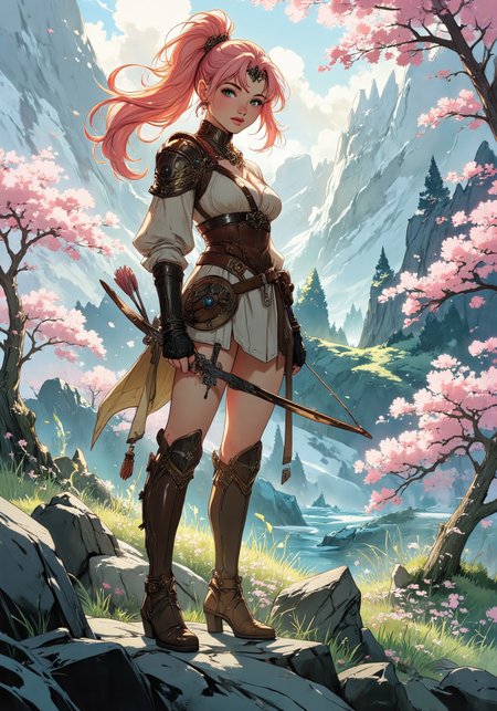 Anime art, Full-length, gorgeous fantasy warrior, long pink hair in a high ponytail, tiara, tight brown leather armor, standing on a hill. Full, high breasts, tight waist, round thighs, green eyes, no blush. Backdrop of fantasy highlands in spring, bright and growing spring colors with patches of snow, icy lakes and wooded areas, full of blossoming cherry trees, topknot ponytail hairstyle, diffused lighting, determined facial expression, intricate armor details. holding a bow, arrow quiver on back. <lora:aidmaMJ6.1_v0.5_3:0.5>,  <lora:Anime Art V3_Flux:0.5>, <aidmamj6.1>, <painted world>