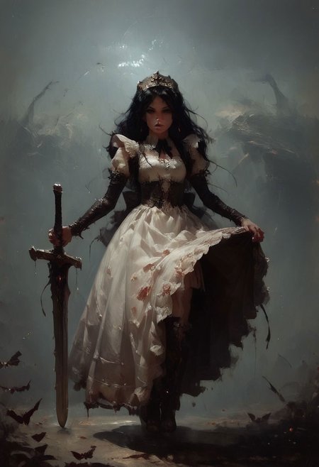 score_9, score_8_up, score_7_up,  1girl, giant sword, thick blade, light armor, dress, maid, shortstack, dainty, 
BREAK waste land background, discard swords background, battlefield,  <lora:pony/twilight_style:0.8> <lora:pony/expressiveh:0.8> expressiveh <lora:pony/vixon_gothic_oil_style:0.7> d4rk01l <lora:sdxl/sinfully_stylish_sdxl>