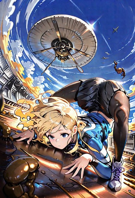 INKTA_ST, WALLPPR_ST, detailed background, best quality, very aesthetic, high resolution, ultra-detailed, absurdres, newest, detailed eyes, beautiful, perfect lighting, hi res, amazing quality, very awa, painting_(artwork), dynamic angle, dynamic pose, SKRPN_P0S3, scorpion_pose, top-down bottom-up, ass, knees focus, 1girl, aircraft, airplane, long hair, cloud, outdoors, blue jacket, flying, blue sky, sneakers, shoes, bird, day, wide shot, black pantyhose, floating hair, whale, long sleeves, japanese text, scenery, headwear removed, black skirt, blue eyes, pleated skirt, jet, blonde hair, from side, vehicle focus, (((SKRPN_P0S3, scorpion_pose:2.1)))