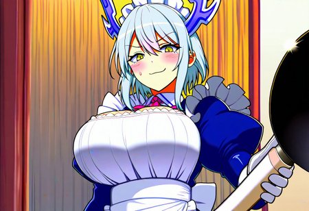 highres, best quality, masterpiece, very aesthetic, newest, year_2024, year_2023, year_2022,cell shading,solo,dorugoramon maid,maid dress,dorugoramon wings,wings,maid headdress,yellow eyes,silver hair,horns,smug,holding frying pan,indoors,upper body,kitchen