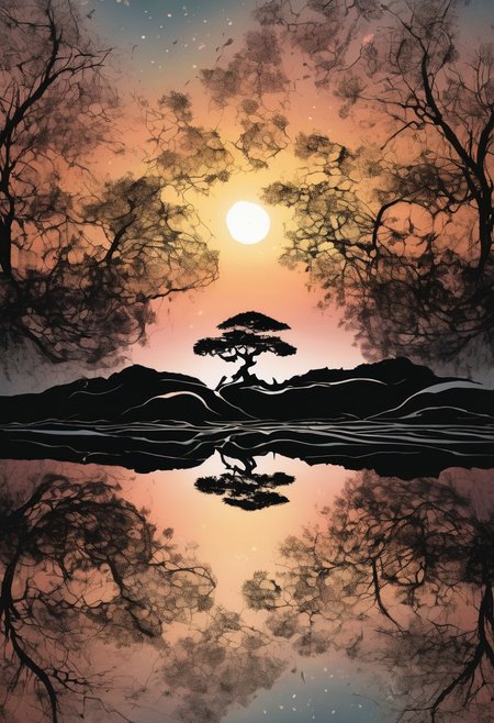 ink illustration,ink stains,ink splatters,ink runs,ink spots,faded ink,dramatic bonsai tree,plant on black reflective surface,sunrise,detailed,amazing natural lighting,earthy pastel colors,weeping for the lost children,symmetrical fractal pattern,linquivera,