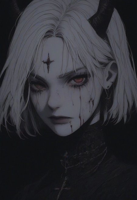 score_9, score_8_up, score_7_up, flat color, blood dripping from mouth, demon girl, demon horns, gthan, gothic, jewelry, red eyes, solo, blood, earrings, cross, 1girl, black background, looking at viewer, portrait, short hair, necklace, blood on face, cross necklace, simple background, spot color, closed mouth, white hair, cross earrings