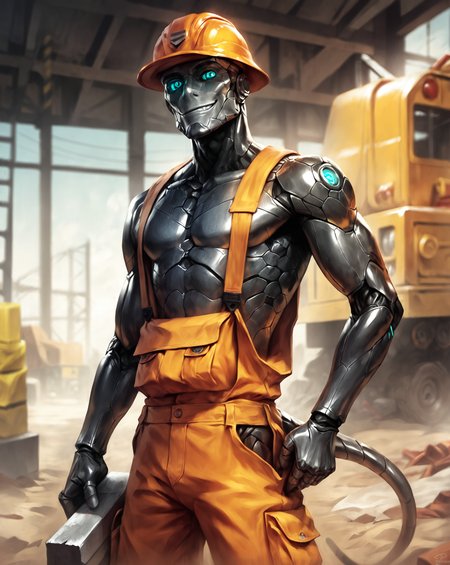score_9, score_8_up, score_7_up, intricate details, rating_safe, science fiction, 
<lora:CALM_PonyXL_4image_125steps:0.7>, calm style, source_cartoon, source_western,
humanoid robot, looking at the viewer, smiling, friendly face construction worker, hard hat, segmented, male carbon fiber, hexagon pattern, solo, looking at the viewer, cowboy shot, construction site, carrying a hammer, depth of field, detailed background, 
<lora:ral-chrosc-clr:0.3>, ral-chrosc-clr,
<lora:xl_more_art-full_v1:0.3>,
<lora:add-detail-xl:0.3>