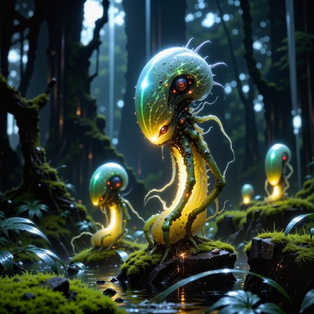 award-winning macro photo, short depth of field, hyper realistic, dim lighting, at night, bioluminescence, subsurface scattering, the elusive "rattling perguquill" is a gelatinous, semi-translucent blobiform, often found perched on the spindly stalks of the dripping "fogweaver moss" in the mist-cloaked wetlands of the remote world "plurmous ix". each drizzlepod crest features intricate frondal patterns that pulsate in mesmerizing chromoglowic displays. these tiny creatures feed on the microplumes of energy-rich vapors that rise from the moss itself, their gelatinous forms stretching and warbling with a surprising fairyfrongled elasticity. their habitat, an endless sea of mist, shimmering mossy stalks, and reflective dewbyglobules, creates an eerily serene, hinkleburging spectacle, highly detailed, intricate, detailed background, golden ratio, arsmjstyle, dnddarkestfantasy, in the style of ck-ovf, aidmafluxpro1.1, 
<lora:epic_gorgeous_details-balance-flux-by_flyway:0.48> 
<lora:style-mythic_fantasy-v2-flux-by_velvets:0.84> 
<lora:style-oneviolentfantasy-ep21-flux-by_chronoknight:0.68> 
<lora:flux_pro1.1_detailer-v0.2-flux-by_aidma:0.44>