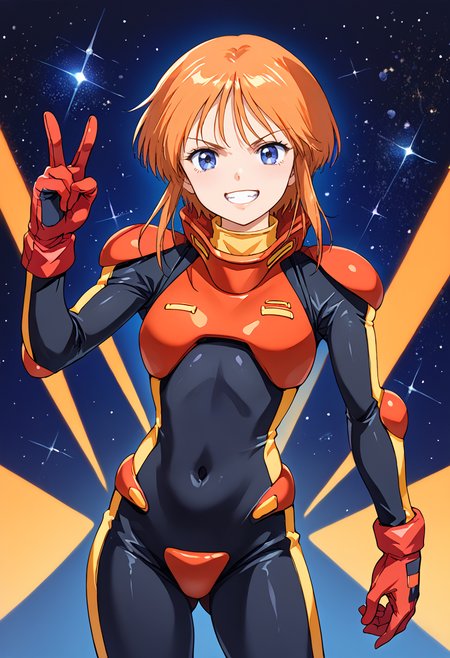 score_9, score_8_up, score_7_up, source_anime BREAK 1girl, solo, zz_pletwo, <lora:zz_pletwo:1>, (1990s\(style)\:0.3), cowboy shot, armor, pilot suit, black bodysuit, red gloves, orange hair, short hair, sidelocks, dark blue eyes, v-shaped eyebrows, looking at you, smile, grin, open mouth, (dynamic pose:1.2), space background