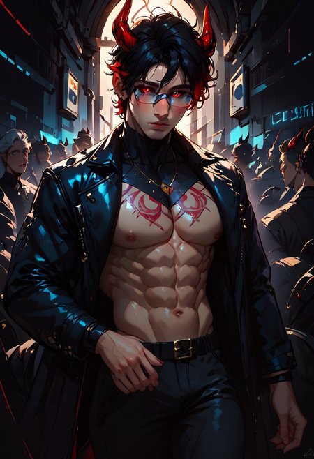 ((score_9, score_8_up, score_7_up,score_9, score_8_up, score_7_up)), (Masculine, Light/tan skin, Toned and 6'5 feet tall:1.4), 24 years old, Handsome face, smileface, perfect face, (((Black hair with neon red highlights))), ((Glowing neon Gold irises)), (Neon Red pupils), (White Sclera), shiny skin, Curley short haircut, ((2 spiral red horns)), (((Demon))), (Large muscle build), gages in ears, Neon tattoos on arms, wild hair, toned hips, ((fit look, large intelligent glasses)), ((Long Blue leather coat, dragon scale coat, black vest, black shirt, black pants)), shiny skin, living room , warm lighting, (no nsfw), lavish bar, stools, cowboy shot, alcohol, crowd, talking with hands