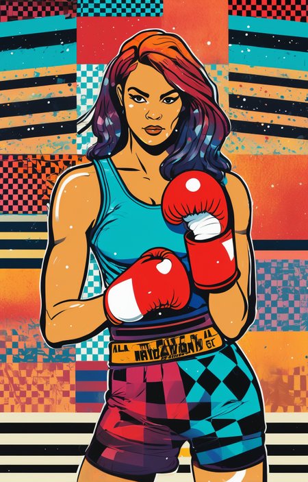 concept art collage patterns vibrant colors, a tough female boxer in a boxing ring wearing boxing gloves, checkerboard, diagonal stripes, houndstooth, diagonal stripes, <lora:Tomat:0.8> cosmic, check, geometric gradients . digital artwork, illustrative, painterly, matte painting, highly detailed