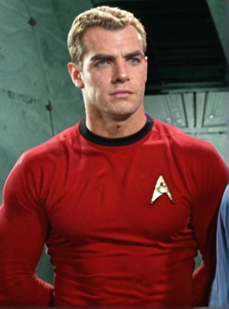 Handsome, masculine, blonde, star trek, red shirt, muscle,  tall, tight shirt,