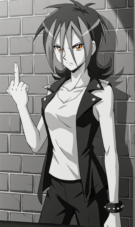Dextra, 1girl, solo, multicolor hair, messy hair, orange eyes, eyeshadow, leather biker coat, white tank top, leather pants, spikes, chains, alleyway, brick walls, dark, shadows, leaning against wall, looking at viewer, angry, hand up, middle finger extended, monochrome, greyscale, <lora:Dextra Pony XL:0.8>