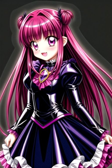 Bad_End_Precure, DarkPrecure, corrupted princess wearing dark pastel (ruffled:1) (gleaming latex:1) gown with (latex vampire cloak:1) and (detached frilly wide sleeves:1), soft lighting, ruffles, (cute little fang:1)
(vmpr:1),
<lora:more_details:1>,