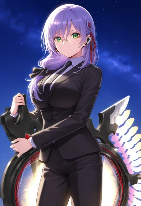 best quality, 
 source_anime, highres, total body (best quality), finely detail, night sky 1girl, izmyk, long hair, purple hair, (hair down:1.2), bangs, hair between eyes, green eyes, large breasts, hair over shoulder, low ponytail, hair ribbon, hair ornament black suit, black jacket, white shirt, collared shirt, black necktie, round eyewear, earpiece, holding seraph, black pants, black high heels<lora:izumiyuki_IL_XL_V1:1>