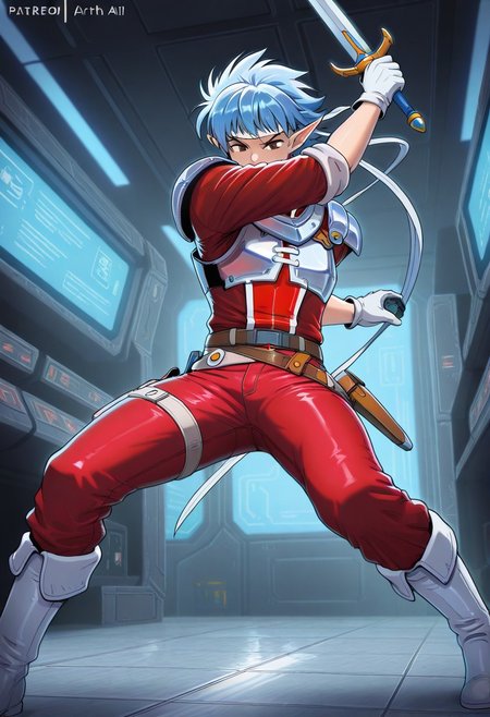 masterpiece, best quality, amazing quality, ARTHIL, 1boy, male focus, brown eyes, with elf ears, blue hair, long white headband, silver shoulder armor, shiny armor, white breastplate, red shirt, sleeves rolled up, red jeans, holster belt, white gloves, white boots, action pose, sword, sci-fi background, solo, indoors