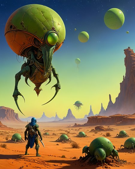 Thoats and green Martians in the style of Rodney Matthews, John Carter, Warlord of Mars, Barsoom,  blue hour, <lora:add-detail-xl:0.75>,  <lora:xl_more_art-full_v1:0.5>