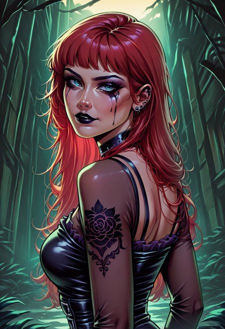 GodslpacomicstyleV1.0IL masterpiece, best quality, 1girl, goth girl, gothic, makeup, runny makeup, red hair