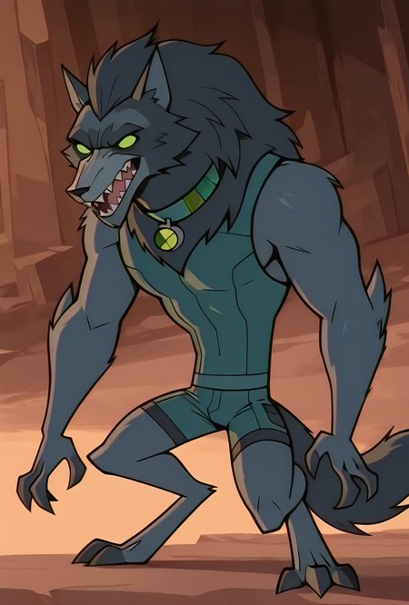 <lora:blitzwolfer-07:1> blitzwolfer, solo, 1boy, furry, tail, green eyes, black claws, wolf, mane, fluffy mane, sharp teeth, green swimsuit, sleeveless, green collar, black head, light grey snout, feral,  <lora:Total_Drama_Island_Illustrious_SD8:1>, masterpiece, best quality, amazing quality, very aesthetic, absurdres, newest,