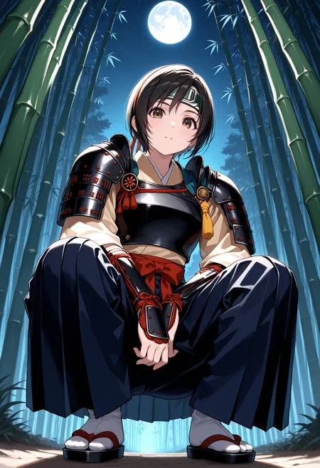 masterpiece, best quality, 1girl, solo, yuff7, short hair, black hair, (samurai:1.2), japanese clothes, hakama, (japanese armor), kote, sode, shoulder armor, hairband, outdoors, (bamboo forest), full moon, night, squatting, from below, brown eyes, forehead protector, hakama skirt, breastplate, gloves, night sky, looking at viewer