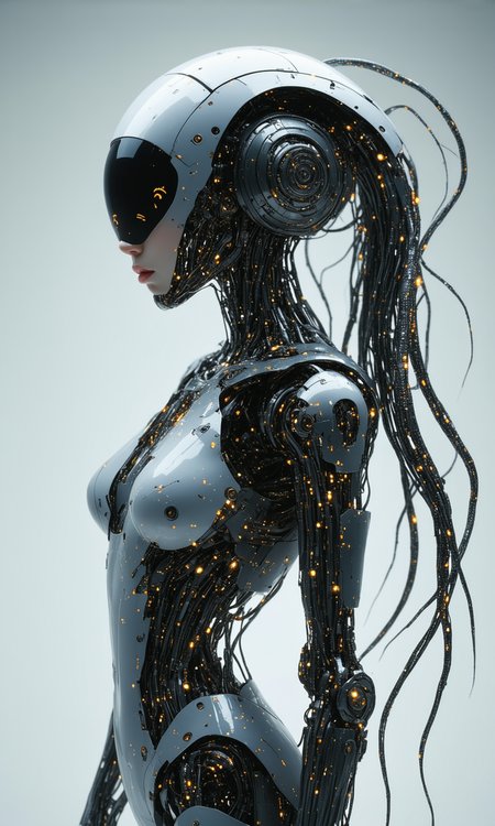 a full-lenght cinematic photography of a surreal cyborg deity. This Cyborg has the upperbody of a female woman with the Torso being replaced by many tentacles that are crafted out of fine titanium wirtes that are adorned with LEDs. The Skin of this cyborg is crafted from handmade irinium-alloy that shimmers and is half-transparent, forge-welded with ironbolts. The Face is replaced with a holographic black display that shows cute emoji. The different components of the body are joint together with rotating 360 Degree Gears. ultrarealistic and detailed. 8K