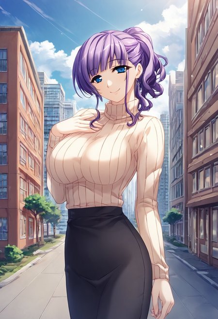 score_9,score_8_up,score_7_up,source_anime,5_figner,2d_animation,game cg,BREKE,1girl,solo,
Hayasaka Natsuko,
Blunt Bangs, Sidehair, Violet hair, Wavy ponytail,Blue Eyes,
black Skirt,Sweater,
large breasts,front view,smile,cowboyshot,standing,
outdoor,cuty,building,skyscraper,cloud,
masterpiece,best qualit,ultra-detailed,illustration,an extremely delicate and beautiful,beautiful detailed eyes,unity 8k wallpaper,high resolution,anime CG,official_art,