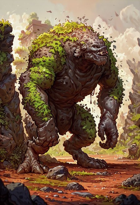 score_9,score_8_up,score_7_up, 
giant rock GOLEM with plants growing on shoulders, rough rocks, rough stone, unpolished, dirty, ancient, STANDING,