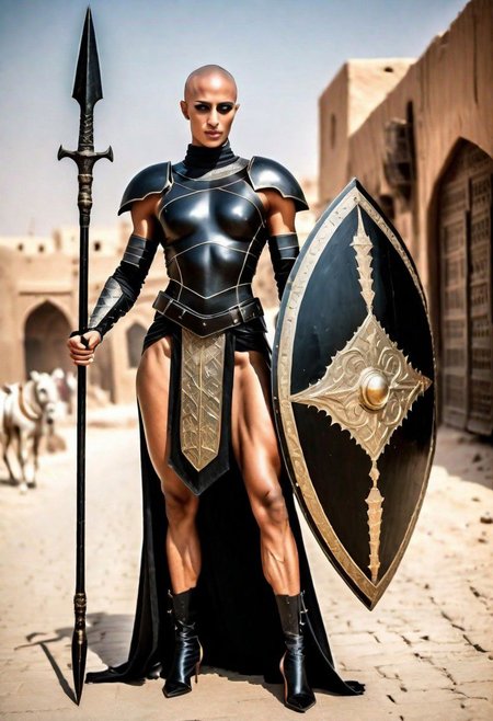 very tall broad shouldered extremely muscular woman bald hairless young masculine arab woman with no eyebrows glossy dark tanned skin wearing (full black plate armor) and carrying a shield and the (Spear of Blessings) in an arabian nights city, photo