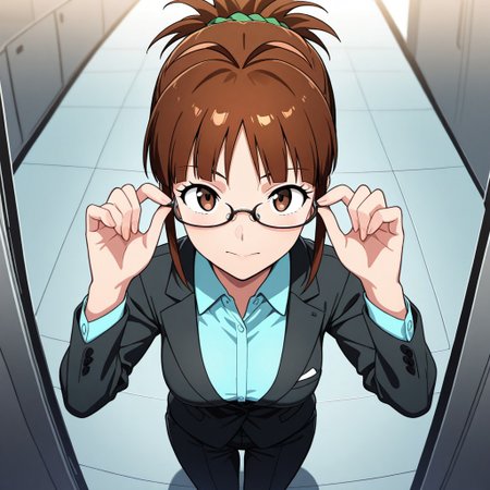 1girl, solo,
masterpiece, best quality, newest, absurdres, highres,
akizuki ritsuko, suit, adjusting glasses, from above, looking at viewer