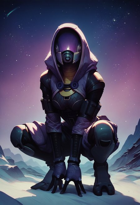score_9, score_8_up, score_7_up, score_6_up,  
1girl,  HD, solo, tali, (tali'zorah), helmet, no face, 
front view, squatting, 
space background, mountain, stars, aurora