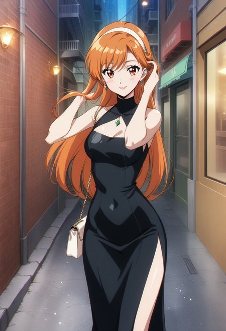 score_9, score_8_up, score_7_up, score_6_up, source_anime. 
BREAK 1girl, solo
BREAK orange hair, orange eyes, long hair, swept bangs, half-updo, Dongtan dress, black dress, glamorous, glitter, hair flip, handbag, hairband, smile, blush, outdoors, city, sidewalk, street, retro artstyle