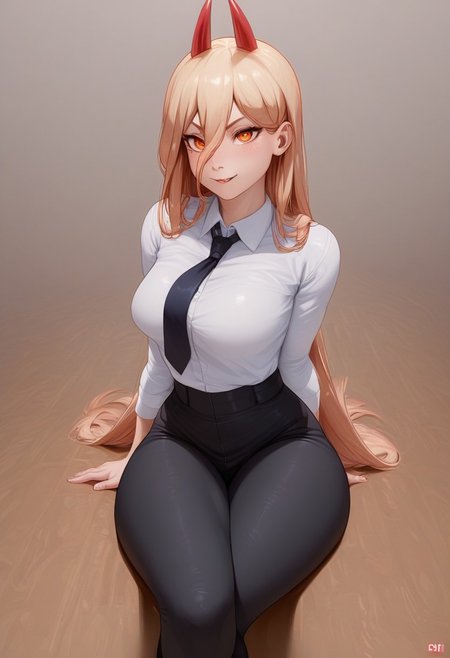 score_9,score_8_up,score_7_up, source_anime, 2.5D, Expressiveh, 1girl, whole face visible, whole body visible,
BREAK,
Power (Chainsaw Man), freckles, yellow eyes, cross-shaped pupils, blonde hair, long hair, red horns
BREAK,
collared shirt, white shirt, black necktie, (black pants), 
BREAK,
shiny skin, perfect ass, small ass, medium breasts, perfect breasts, slender figure, short, small waist, 
BREAK,
girl looking at viewer, extremely horny, sitting, legs crossed