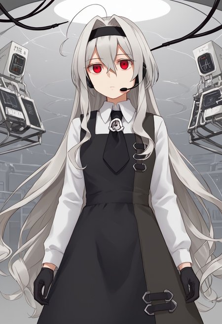 1girl, solo, Eve.aic, long hair, red eyes, hairband, ahoge, very long hair, bangs, hair intakes, hair between eyes, white hair, black hairband, headset, grey hair,
shirt, white shirt, long sleeves, gloves, collared shirt, black gloves, dress, necktie, black dress, pinafore dress, badge,
laboratory, cable, expressionless