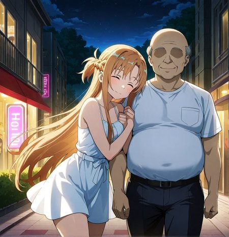 <lora:add-detail-xl:0.5>,,masterpiece, best quality, newest, absurdres, highres, detailed eyes, beautiful, detailed background, perfect eyes, anime coloring, anime screencap,
<lora:sugar_dating:1>sugar_datingV1,
girl hooks her arm around the boy’s arm,night, walking,
1girl, 1boy, hetero,  light smile, facing viewer,  
outdoors, love hotel, street,sexually suggestive,
head lying on shoulders, A street lined with love hotels,
sundress, white shirt, miniskirt, 
asuna \(sao\), 
sword art online, 
(fatman,ugly man),old man,bald,faceless male, 
official style, 
20YO, milf,adult couple,