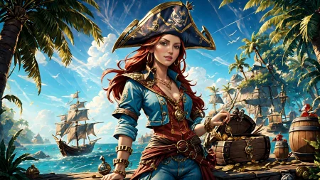 (young redhead pirate woman), (portrait), (parrot:1.2), sharp focus, (ultradetailed), (standing), (happy) smile, pirate (ship galleon:1.2,  hoop earrings, gold medallion, Chambray Bluepirate clothes, pirate hat, hips,   pirate (village), leafy beach coast, (treasure chest with coins, gems and jewels:1.2), (rum barrel), best quality masterpiece,  bright sunny sky, backlight, natural lights, high contrast, hdr, shadows, pretty, beautiful, feminine, sexy, adorable, lovely, in love, (PirateDiffusionprt:0.5),  <lora:Pirate:0.3>  PrateT  <lora:PirateRealms:0.3> <lora:Detail Tweaker LoRA add_detail:0.8> <lora:depth_of_field_slider_v1:5> <lora:SDXLrender_v2.0:0.9>