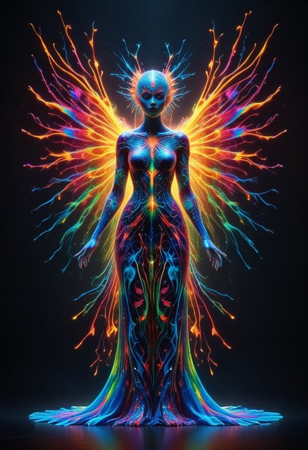a full body fire entity with multicolored flames, professional photography of an fantastical warrior princess entirely made of cyberflies with whimsical elements, swirling magic, eerie fairytale landscape, elaborate fantasy style art, very colorful, intricate details, ultra sharp, exquisite detail, flawless composition, vivid colors, masterpiece, exciting background, TAS, TASvisuals, Psychedelic , Rave, Elaborate , Blacklight , Vibrant , cyberflies, black light paint, blp, Colorful Chaos Cracks and Drops, mad-glowtiedye, made out of,colorful,liquid,Murano Art Glass